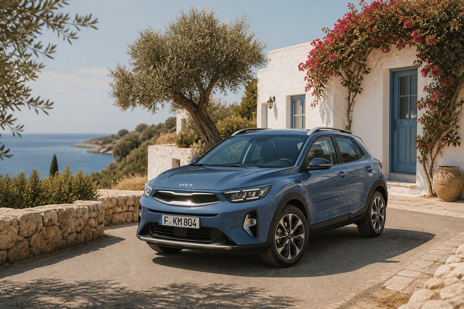 Kia Stonic on a sunlit Cyprus coastal road